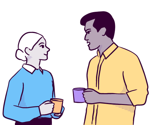 man and woman holding mugs talking