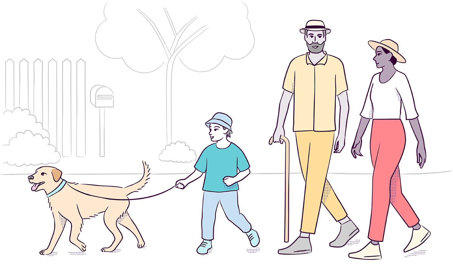 Illustration of people walking a dog