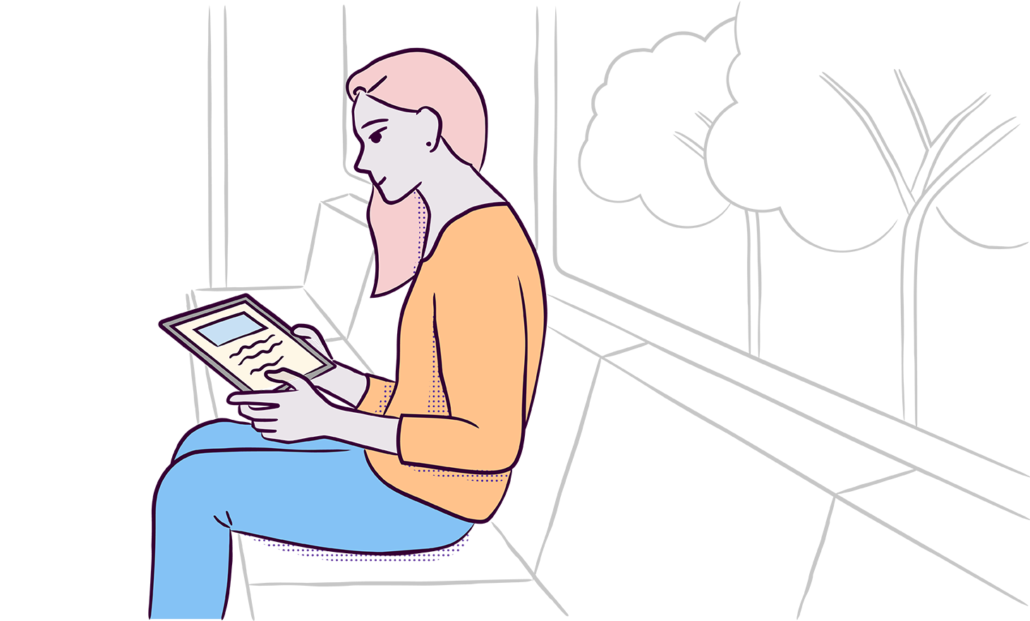 Illustration of a woman reading an article on a train